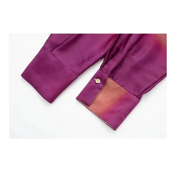 🔥HP🔥 Tie Dye Shirt Women Casual Button Lapel Print Satin Long Sleeve Shirt - Picture 6 of 7